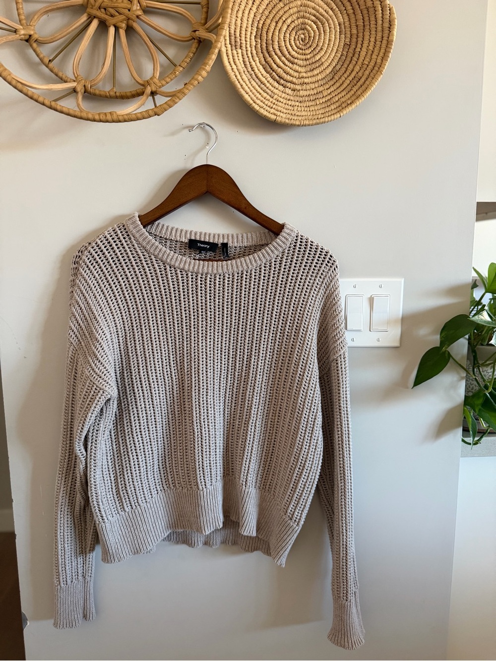 Theory open-knit crewneck sweater in light greige